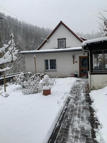 une maison recouverte de neige avec une allée dans l'établissement Ferienhaus Andrea am Bodetal, à Treseburg