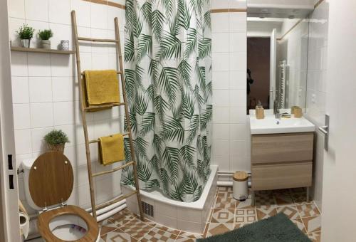 呂埃馬勒邁松的住宿－Studio cosy 12 min Arc de Triomphe，浴室配有淋浴帘、卫生间和盥洗盆。