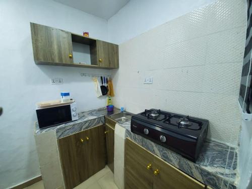 a kitchen with a stove and a counter top at Dinero Ruby - Studio Apartment in Lagos