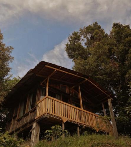 a large wooden cabin with a deck in the woods at Valchi Hospedaje de Montaña in El Copey