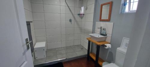 a white bathroom with a sink and a toilet at Aloe Ocean Flatlet in Bettyʼs Bay