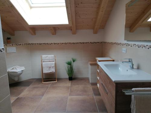 een badkamer met een wastafel, een toilet en een dakraam bij Ferienwohnung mit Loggia in Oberstdorf