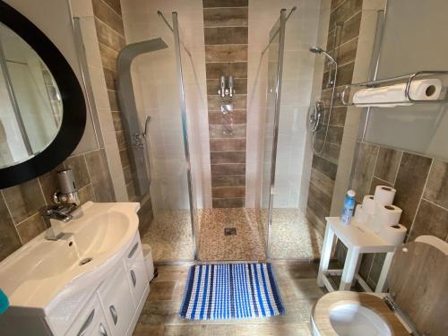 uma casa de banho com um chuveiro, um lavatório e um WC. em Sleeps 18 Double Decker Bus Hot Tub Sauna Cinema Pets em Irvinestown