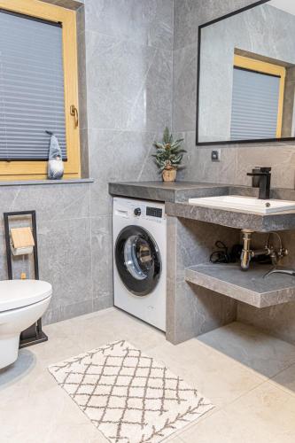 a bathroom with a washing machine and a sink at Bajka Chateau in Czarna Góra