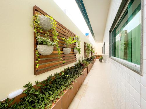 a corridor of a building with plants on the wall at Pousada Marítimos in Maragogi