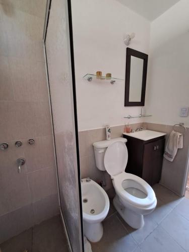 uma casa de banho com um WC, um chuveiro e um lavatório. em CABAÑA LA HERRADURA 14 em San Roque