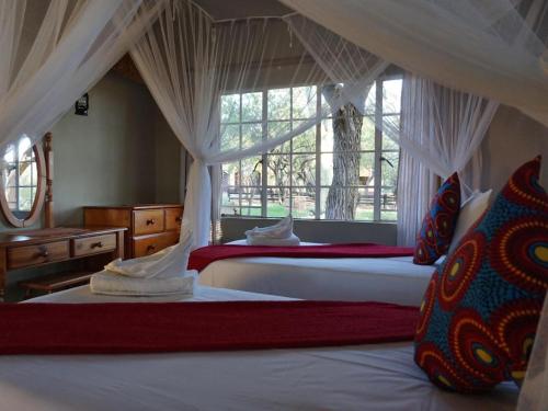 2 camas en un dormitorio con ventana en Kum Kula Lodge, en Hoedspruit
