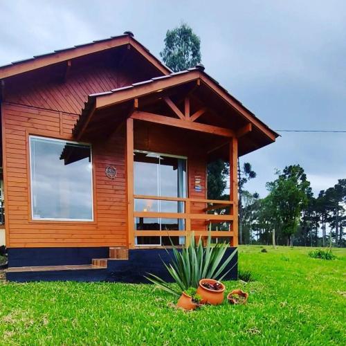 une petite cabine dans un champ herbeux avec une maison dans l'établissement Pousada Recanto Das Araucárias, à Bocaina do Sul