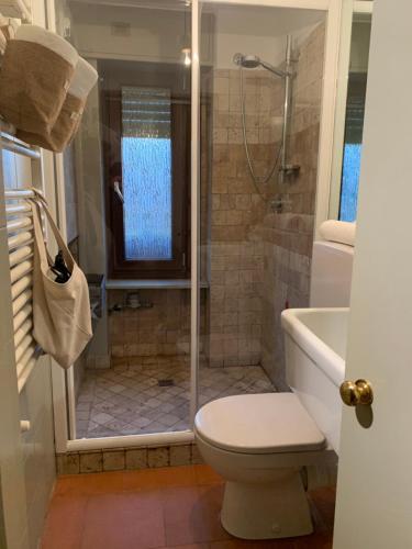 a bathroom with a shower with a toilet and a tub at Il Riccio appartamento in Cernobbio