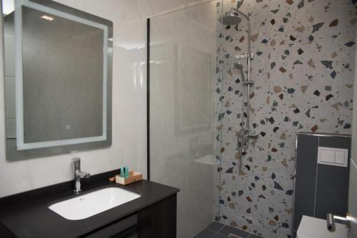 a bathroom with a sink and a shower with a mirror at Vila Muslli in Korçë