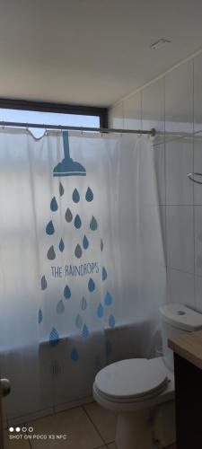a bathroom with a toilet and a shower curtain at Vista Mar Loft Apartment Downtown Valparaíso in Valparaíso