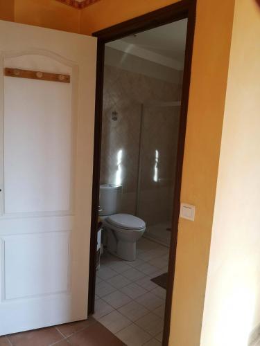 a bathroom with a toilet and a glass door at Chez TATA in Régusse