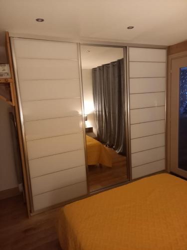 une chambre avec un miroir et un lit dans une pièce dans l'établissement Appartement centre du village brides les bains, à Brides-les-Bains