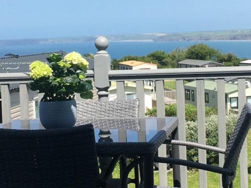 a table and chairs on a balcony with a vase of flowers at CP1 Caravan, Howelston Holiday Park in Haverfordwest