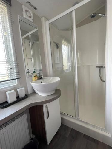 W łazience znajduje się biała umywalka i prysznic. w obiekcie CP1 Caravan, Howelston Holiday Park w mieście Haverfordwest