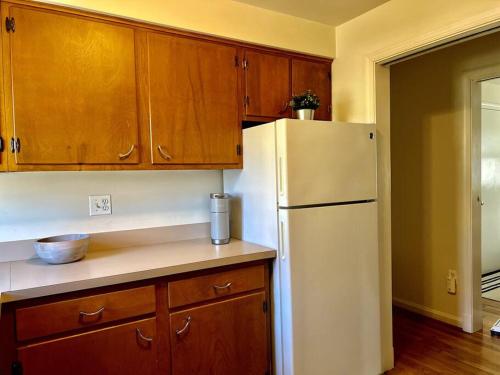 a kitchen with a white refrigerator and wooden cabinets at NEW 3 BRD Modern Urban Gateway in Arlington