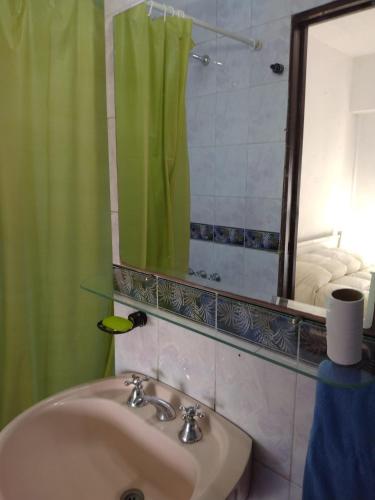 baño con lavabo y cortina de ducha verde en Departamento Oro 2428 en Buenos Aires