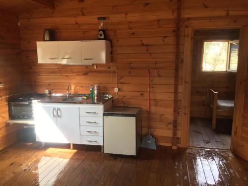 una cocina en una cabaña de madera con fregadero en Casa en zona turística para 4 personas, en La Paloma