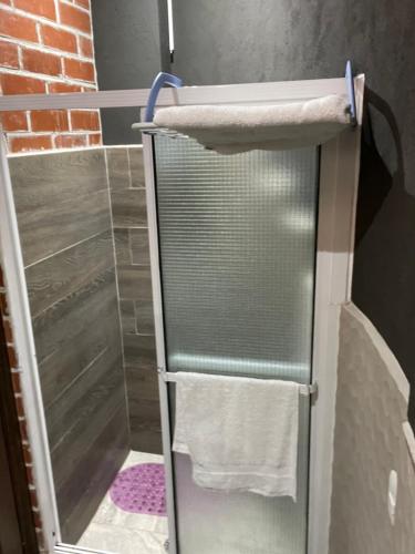 eine Dusche mit Handtuchwärmer im Bad in der Unterkunft HuehueLoft1 estacionamiento y wifi in Huehuetenango
