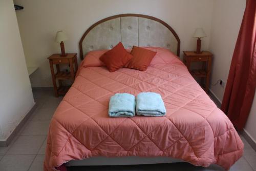 a bedroom with a pink bed with two towels on it at Departamento interno zona centro in Viedma