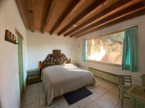 a bedroom with a bed and a large window at Casa Árbol Hotel in San Miguel de Allende