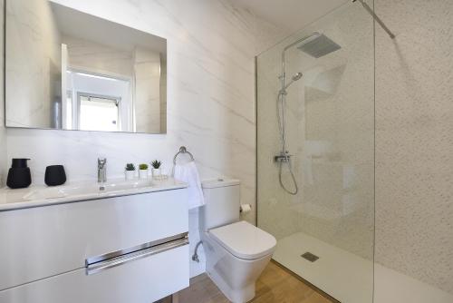 a bathroom with a shower and a toilet and a sink at Apartamento Starlight La Aldea II in La Aldea de San Nicolas