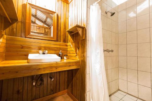 a bathroom with a sink and a shower at Jaguar Creek in Good Living Camp