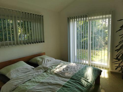 a bedroom with a bed and a large window at Bungalow mit 200 qm Wohnfläche :) in Birgland