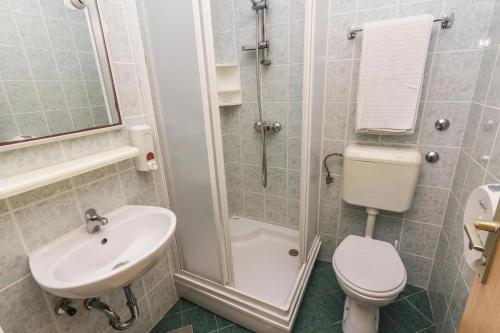 uma casa de banho com um lavatório, um WC e um chuveiro em Apartments Rosmary, Zaton, with pool em Zaton