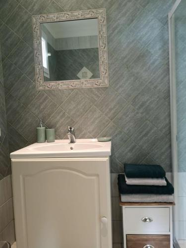 a bathroom with a sink and a mirror on the wall at Chez TATA in Régusse