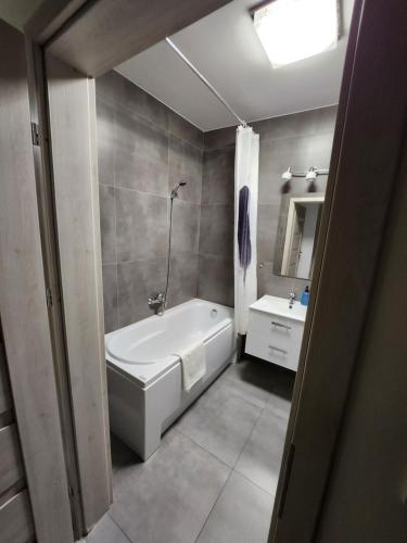 La salle de bains est pourvue d'une baignoire, de toilettes et d'un lavabo. dans l'établissement Miły czas, à Cracovie