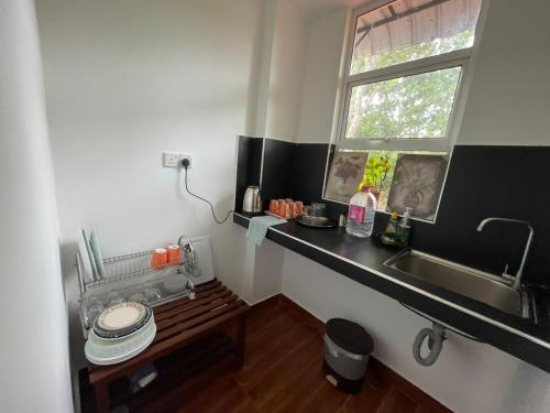 uma pequena cozinha com um lavatório e uma janela em Forest edge villa em Anuradhapura