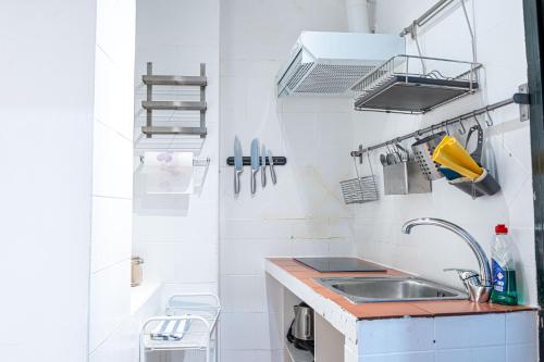 a small kitchen with a sink and a shower at Adorable apartamento en Almagro in Madrid