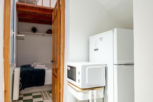 małą kuchnię z kuchenką mikrofalową i lodówką w obiekcie Adorable apartamento en Almagro w Madrycie