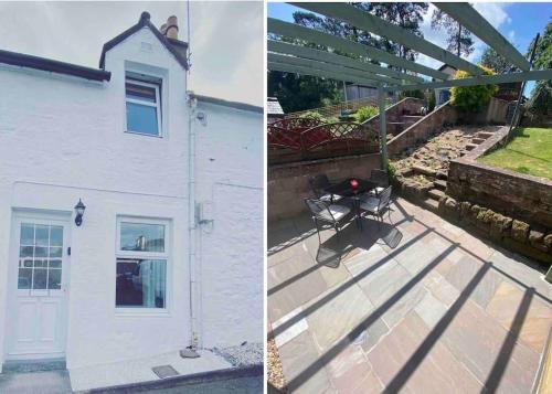 a house with a white door and a patio at Wee Cottage - Super King bed! in Penpont