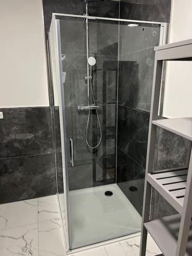 y baño con ducha y puerta de cristal. en Schöne Eigentumswohnung mit Terrasse en Lübeck