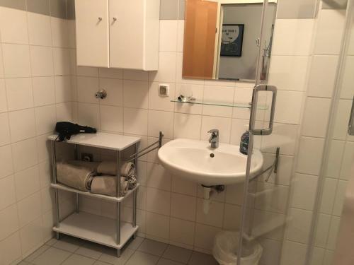 Baño blanco con lavabo y espejo en MF City Apartment en Korneuburg