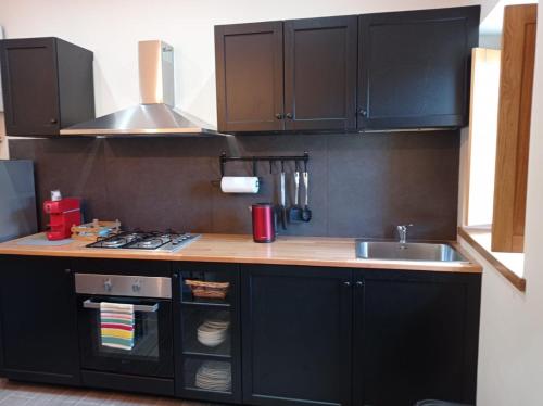 a kitchen with black cabinets and a sink at Al Noceto Countryside in Busso