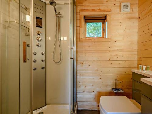 a bathroom with a shower and a toilet at Hulver Lodge, Snape, Suffolk. in Snape