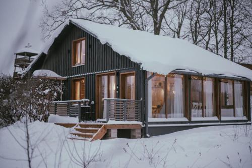 a green cabin in the snow with a snow covered roof at VIESU MĀJA KALNARUŠĶI in Lūšakrogs