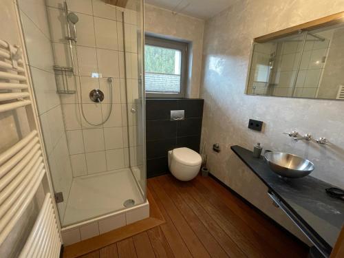 a bathroom with a shower and a sink and a toilet at Wonder & Wander in Ehrwald