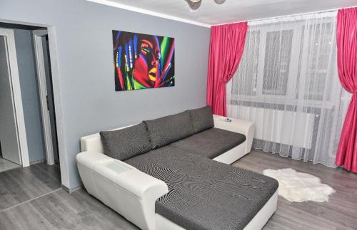 een woonkamer met een bank en roze gordijnen bij Dolce Casa 2 in Lupeni