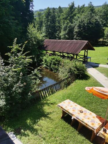 a picnic table and a gazebo in a field at Fontana Erdélyi Vendégház 2 in Satu Mare