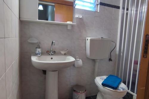La salle de bains est pourvue d'un lavabo, de toilettes et d'un miroir. dans l'établissement Olive Grove Cottage Skalani, à Knossós