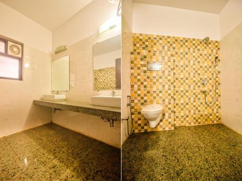 two pictures of a bathroom with a toilet and a sink at Luxury 3BHK Villa with Private Swimming Pool near Candolim in Marmagao