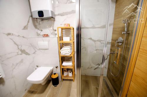 a bathroom with a shower and a toilet and a sink at Apartment Pinetree - Bjelašnica in Bjelašnica