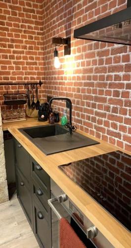 a kitchen with a sink and a brick wall at Bienvenue à l'Appart' de Louis ! in Dole