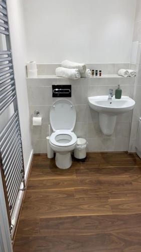 a bathroom with a toilet and a sink at Brand New One Bed Luxury Flat No Parties No Events in West Thurrock