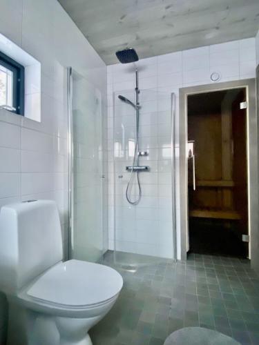 a white bathroom with a toilet and a shower at Kåvanstugan Funäsdalen in Funäsdalen