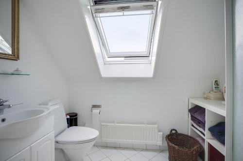 a bathroom with a toilet and a sink and a window at Skovbakkens B&B in Aalborg